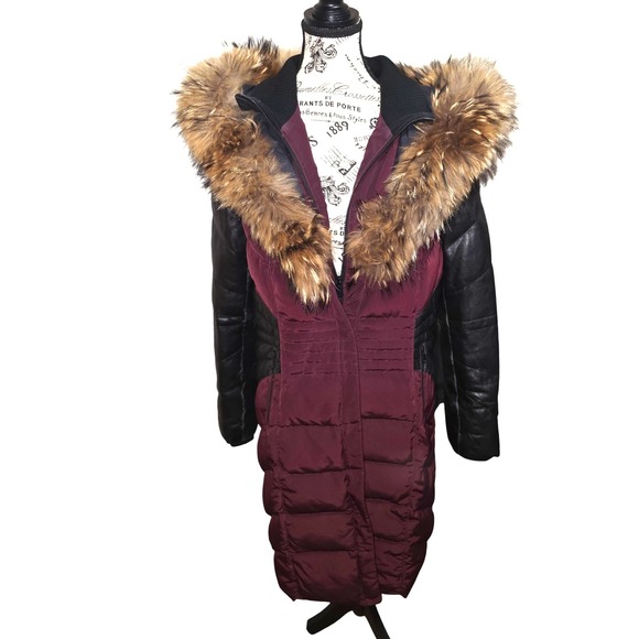 Danier Down Puffer Coat Leather Sleeves Fur Trim Hooded Women's Size L - Picture 1 of 14